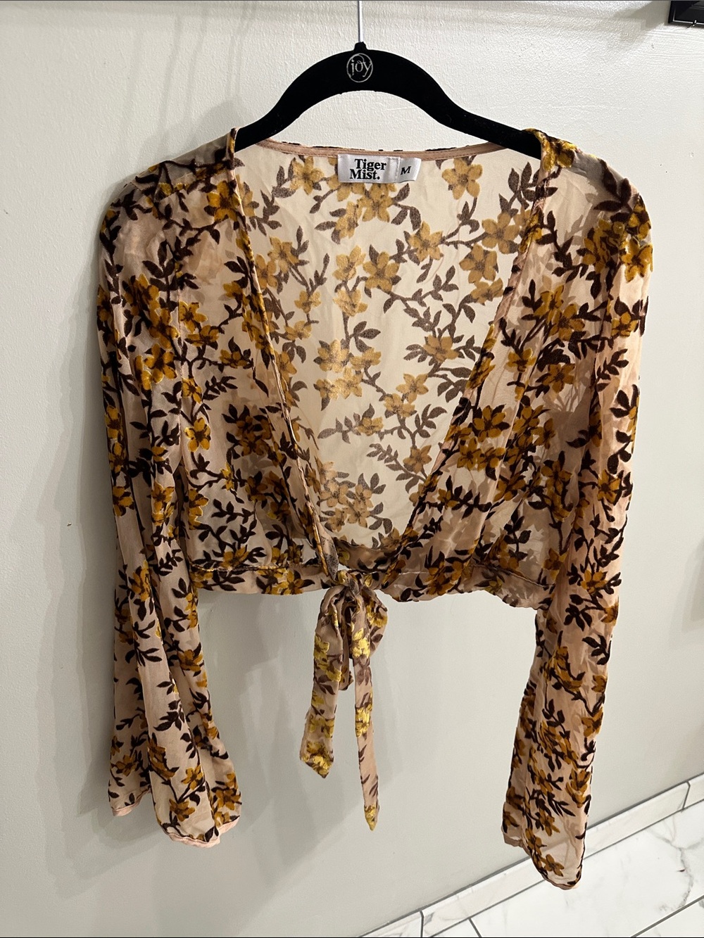 Tiger Mist Beige Floral Tie-Front Blouse with Mustard Print